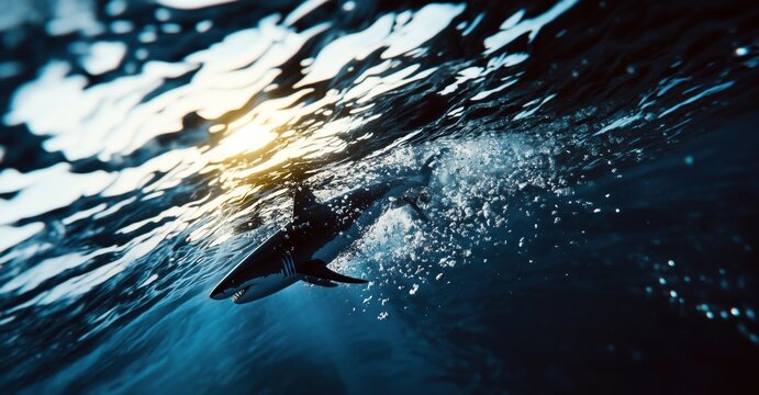 Sc&egrave;ne sous-marine avec un requin nageant dans l'oc&eacute;an, lumi&egrave;re du soleil traversant la surface de l'eau et &eacute;clairant le squale.