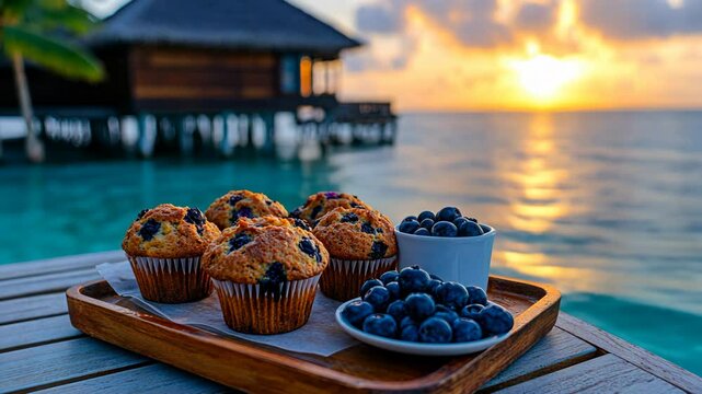 blueberry muffin on table with beautiful sunset dreamy seascape, blue water gold sky summer holiday