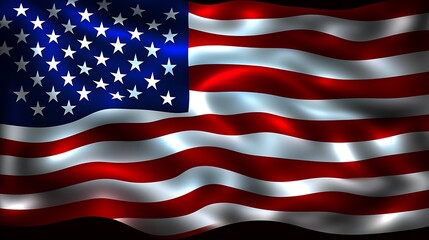 Fototapeta premium America flag rippling on a flagpole with soft glowing light at dusk