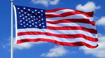 Fototapeta premium America flag rippling on a flagpole with soft glowing light at dusk