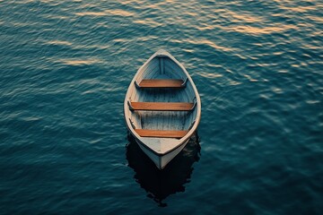 Obraz premium Soft morning light over a tranquil lake with a single boat drifting in the mist