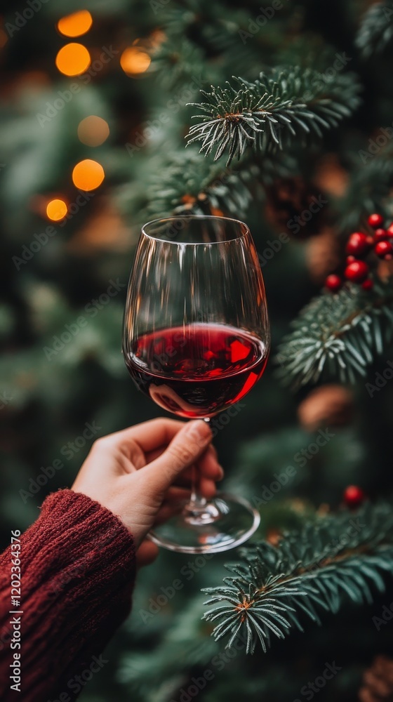 Sticker Enjoying a festive drink beside a decorated evergreen tree during the holiday season