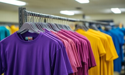 Obraz premium Colorful T Shirts on Hangers Apparel Merchandise Retail Display Clothing Variety Fashion Rack Shop