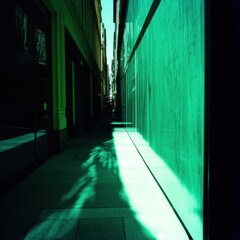 Fototapeta premium Reflection of sunlight on a vibrant green glass wall in a city street near shops during the afternoon. Generative AI