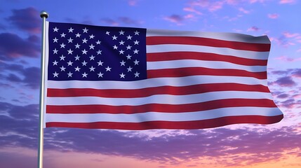 Fototapeta premium America flag flying proudly on a flagpole illuminated by soft sunset hues