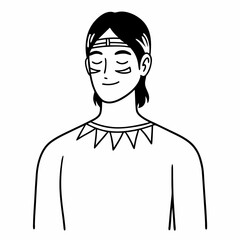 Ilustración vectorial en blanco y negro: Retrato de un joven nativo 
