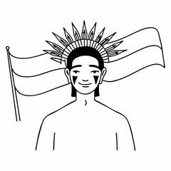 Vector en blanco y negro de un joven nativo con una bandera de fondo.