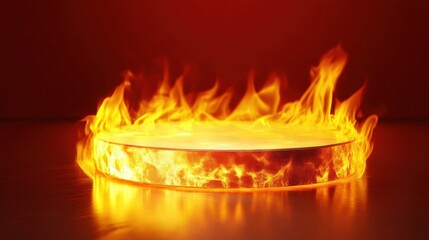 Fiery disc surrounded by flames on reflective surface in dark setting
