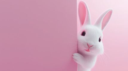 Fototapeta premium White rabbit is peeking out from behind a pink wall