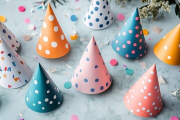 Colorful party hats in a festive atmosphere with confetti falling during celebration