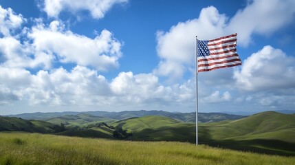 America flag flying brightly on a flagpole surrounded by rolling hills