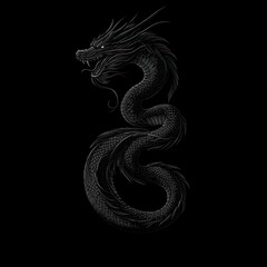 Fototapeta premium Black dragon coiled, dark background, mythical creature, fantasy art, design element