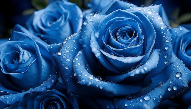 stylish blue roses with water droplets developing a serene history
