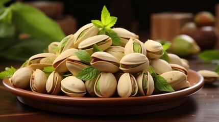 Pistachio nuts spilling onto a white surface from a small rustic jar, studio view.
