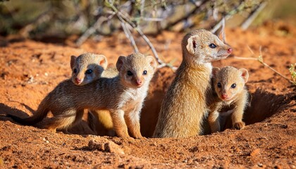 Fototapeta premium yellow mongoose puppies cynictis penicillata at the den kalahari northern cape south africa
