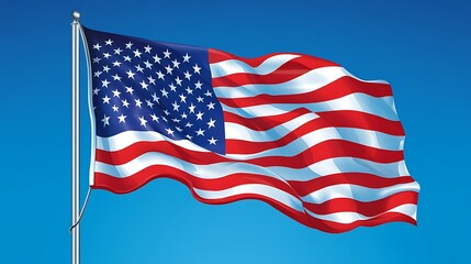 Fototapeta premium America flag rippling gently on a flagpole with soft blue skies above