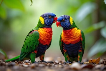 Fototapeta premium Two colorful parrots chattering gently in the tropical canopy, showcasing their vibrant nature. Concept of wildlife connection and harmony.
