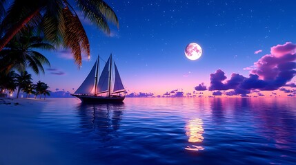 Serene Tropical Beach at Night with Sailboat and Full Moon