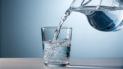 Clear water being poured into a modern designed glass against solid background
