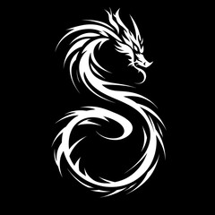 Fototapeta premium White stylized dragon coiled, dark background, mythical creature design, tattoo or graphic art