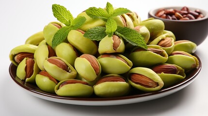 Fresh pistachio nuts with shells, offering a crunchy and healthy snack, studio view.