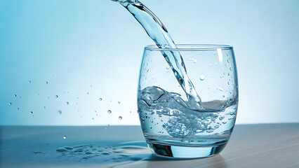 Clear water being poured into a modern designed glass against solid background