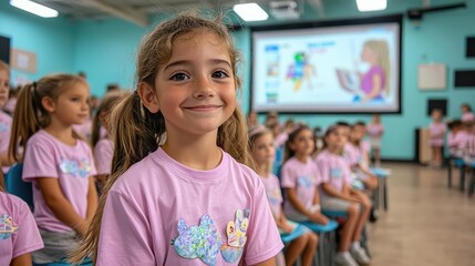 Happy girl in classroom presentation, kids learning