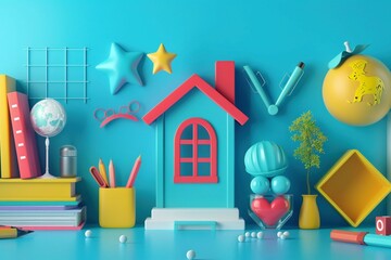 Fototapeta premium Colorful children�s playroom filled with creative learning tools and fun shapes.