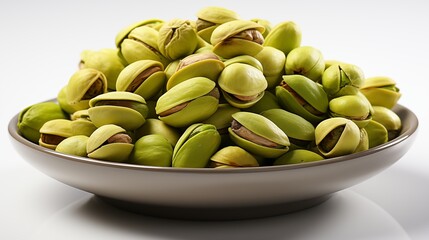 Fresh pistachio nuts with vibrant green kernels, perfect for snacking or desserts, studio view.