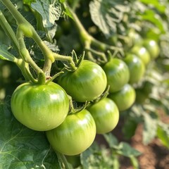 Green tomatoes growing on vines during summer in a vegetable garden. Generative AI