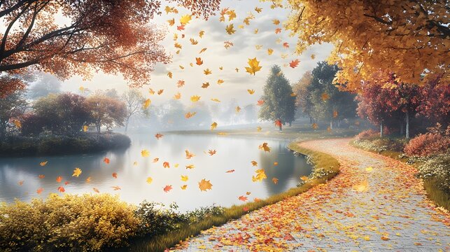 Autumnal Park Path Beside Serene Lake With Falling Leaves