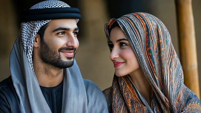 A Dubai-based man and lady talking while wearing kandura and an abaya.