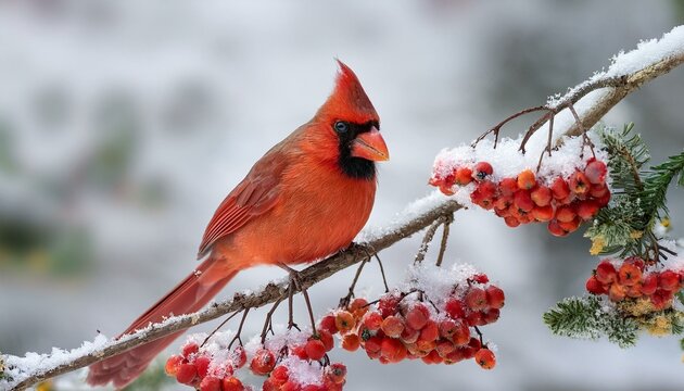 vibrant cardinal perched on snowy branch with berries