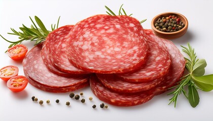 playful cartoon depiction of salami slices with marbling and spices on white background