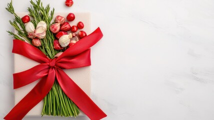 A creatively wrapped gift featuring garlic bulbs, green herbs, and a vibrant red ribbon, reflecting cultural or festive traditions, ideal for special occasions or meaningful celebrations.
