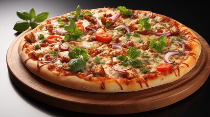 A tempting pizza with crispy crust and rich, flavorful toppings, ideal for casual dining, studio view.