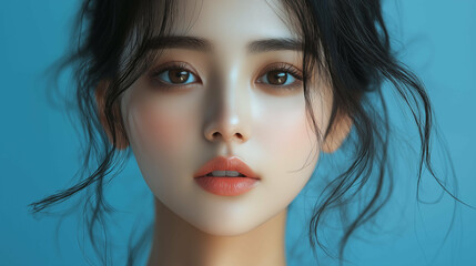 Fototapeta premium Asian beauty portrait against blue background showcasing natural elegant makeup