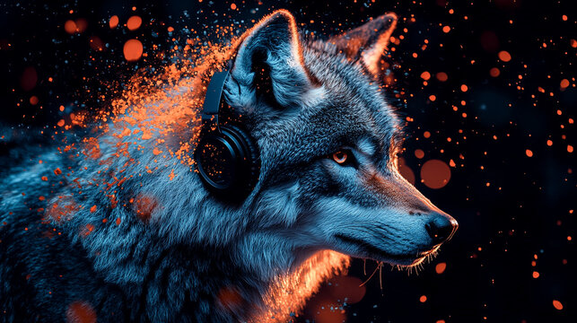 Wolf wearing headphones against a dark background with colorful splashes of light