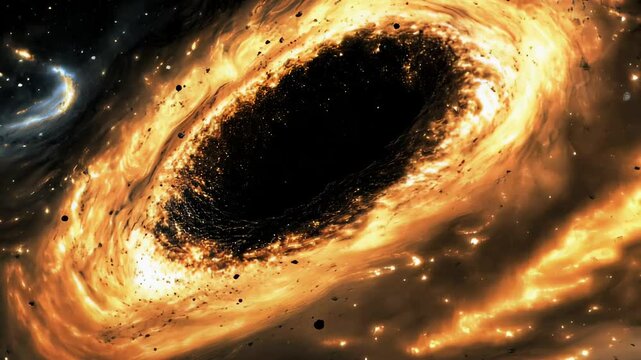 Cosmic abyss: supermassive black hole, event horizon secrets, gravitational effects, galactic core, space-time disruption, wormhole speculation, astronomical wonder, universal force.
