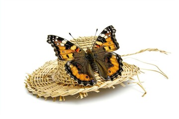 Vibrant butterfly perched on textured natural hay, highlighting delicate beauty.