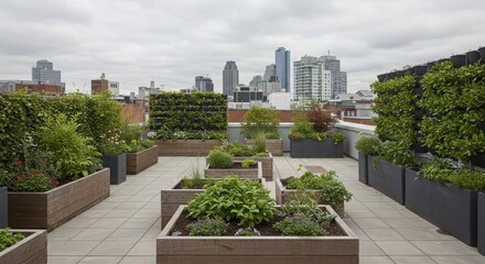 Rooftop Garden with Raised Planters and City Skyline View