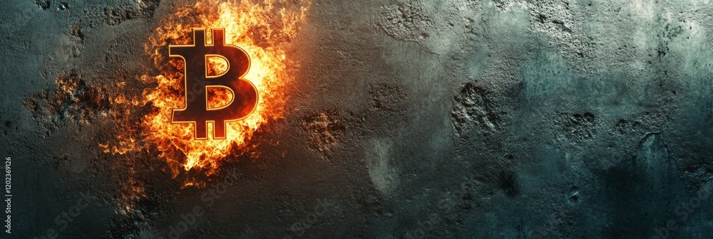Aufkleber bitcoin symbol engulfed in flames against a grunge background, representing the cryptocurrency's pri