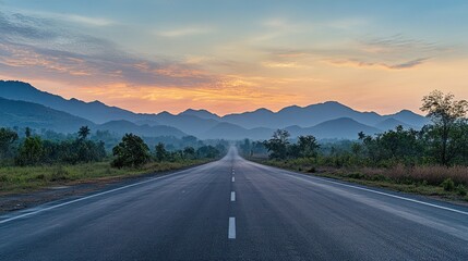 Naklejka premium Sunrise Road Trip Through Majestic Mountains: A Scenic Drive