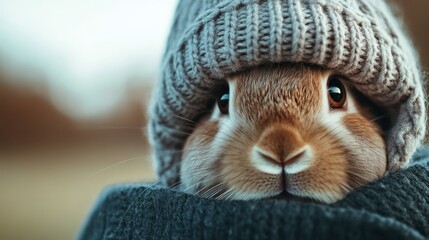 A charming rabbit is adorned in a knitted hat and scarf, evoking playful innocence and warmth, bringing joy during the chilly season in a whimsical outdoor setting.