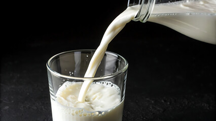 Pouring milk into the glass over black background.