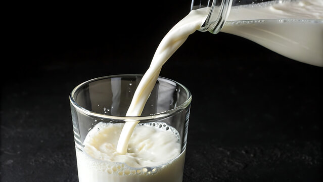Pouring milk into the glass over black background. - Powered by Adobe