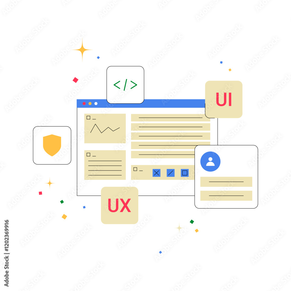 Wall mural ui and ux design elements in flat vector illustration symbolizing web development, user interface, a