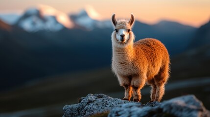 Naklejka premium A charming llama poses on rocky terrain, silhouetted against the breathtaking backdrop of distant snow-capped mountains and a vibrant sunset, evoking serenity and nature's beauty.