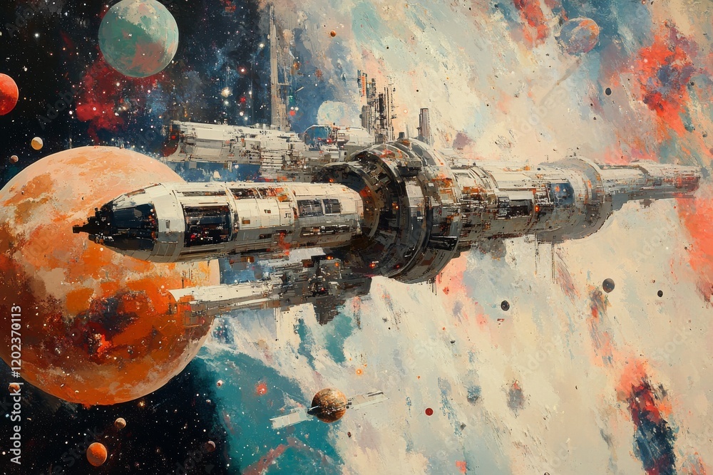 Wall mural exploration of outer space with a futuristic spacecraft orbiting a distant moon