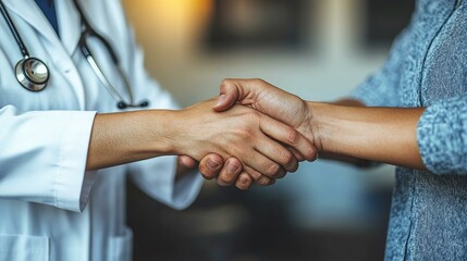 A doctor and patient smiling and shaking hands after a successful check-up, symbolizing trust and positive healthcare outcomes. 211
